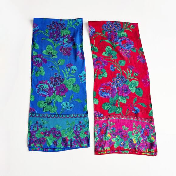 [Vintage] Liz Claiborne 80s Silk Red & Blue Floral Print Scarves Purse Accessory - Picture 1 of 8